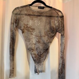 PrettyLittleThing Sheer Mesh Bodysuit Asian Print US 4